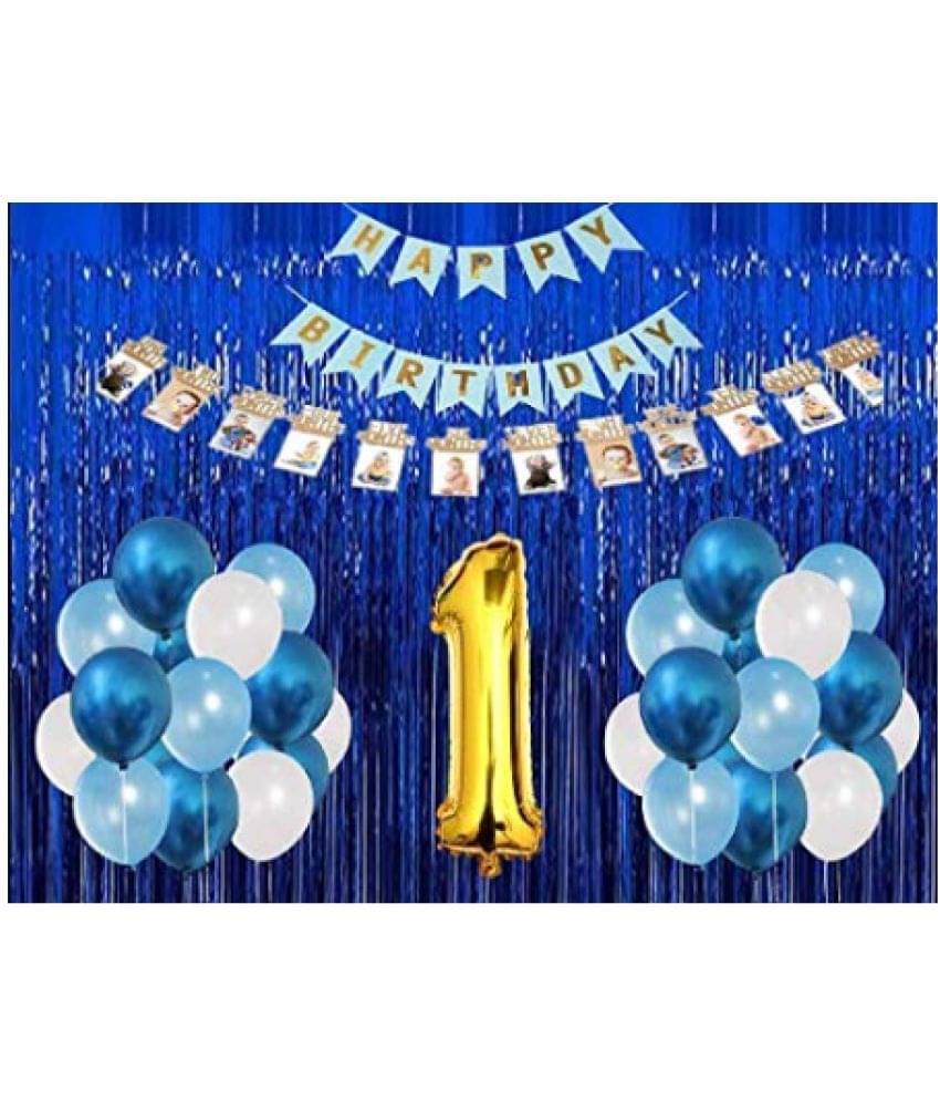 Blooms Event1st Birthday Boy Decoration 60pcs-Blue Bunting Banner(13)+Blue Curtain(2)+1-12 Months Photo Banner(12)+1 No.Gold Foil 32 Inch(1)+Metallic Balloons Dark Blue 10+Light Blue 10+White 10 Blooms Event1st Birthday Boy Decoration 60pcs-Blue Bunting Banner(13)+Blue Curtain(2)+1-12 Months Photo Banner(12)+1 No.Gold Foil 32 Inch(1)+Metallic Balloons Dark Blue 10+Light Blue 10+White 10