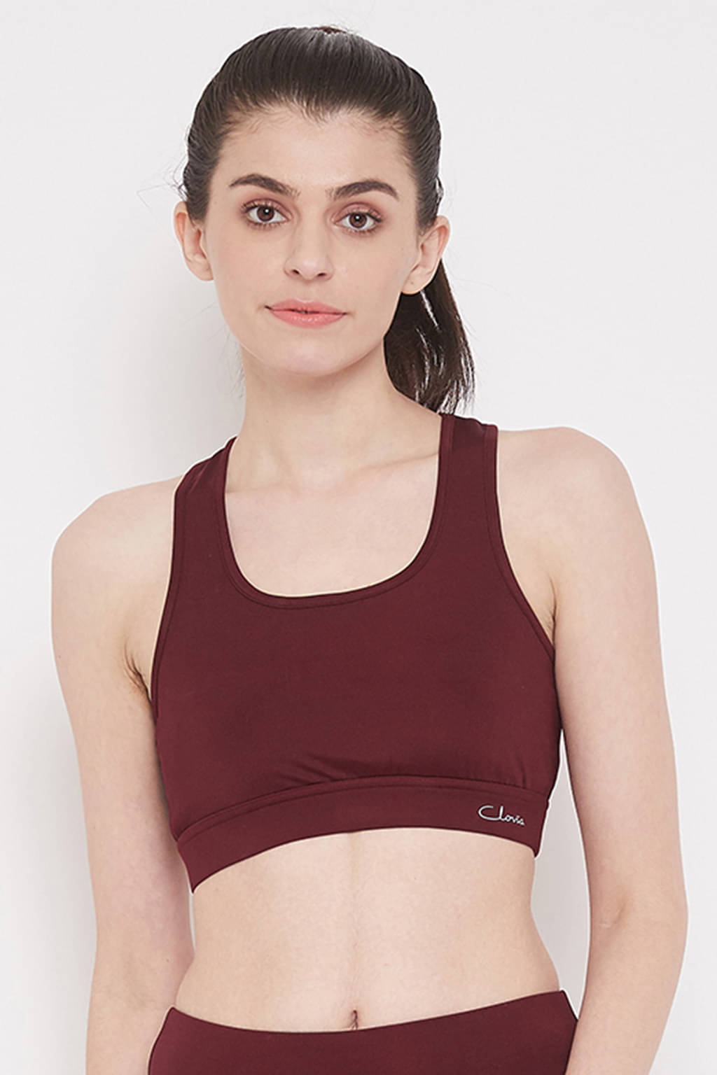     			Clovia Maroon Nylon Solid Sports Bra - Single