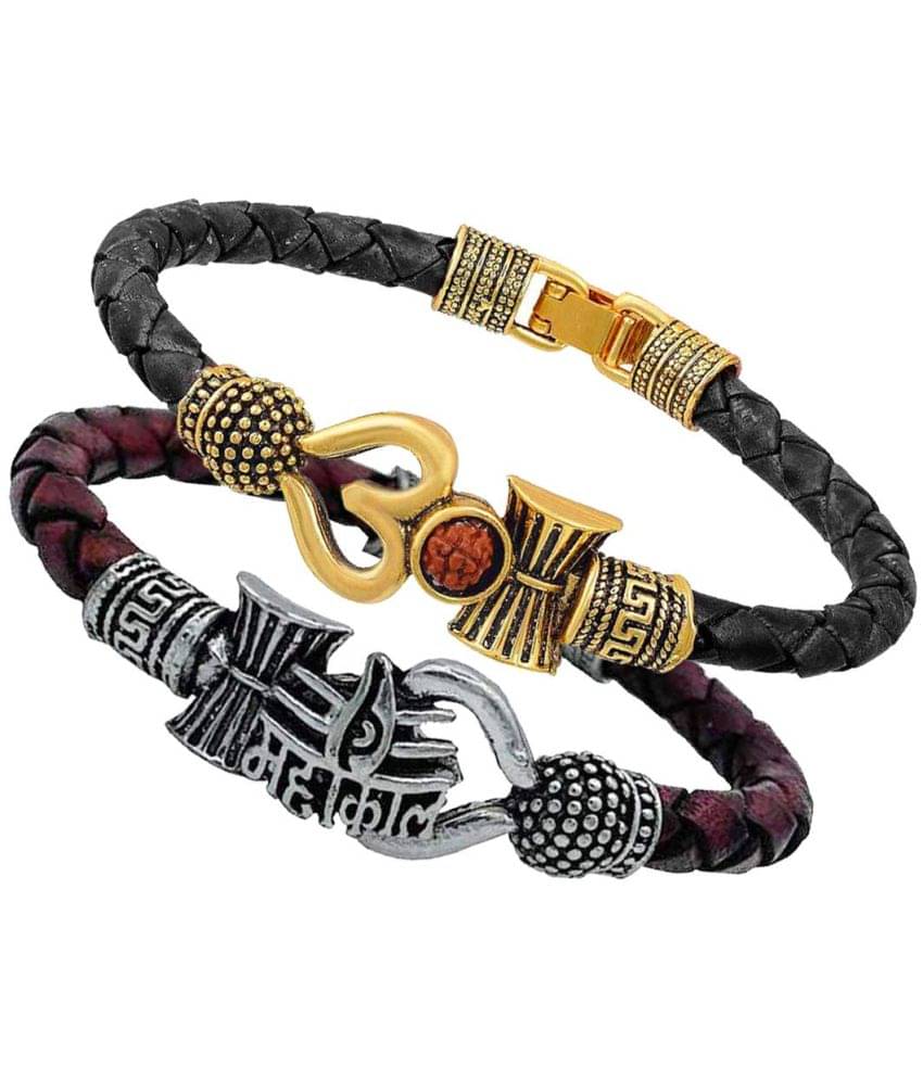     			PAYSTORE One Sided Mahakal Trishul Rudraksha Beads Silver Plated Genuine Leather Black Dyed Rope Wrist Band/Belt Bahubali Kada Combo Bracelet Cum Rakhi for Men/Women