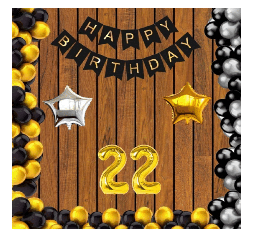     			Blooms Event 22 no Gold Foil Balloons + Happy Birthday Decoration Black Banner