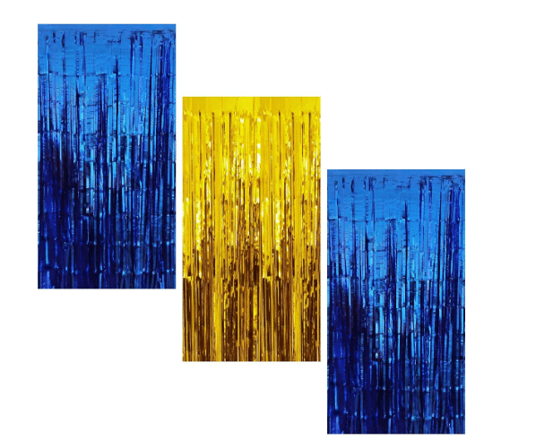     			Blooms Event 2Blue 1Golden Fringe Curtains Pack of 3