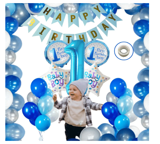     			Blooms Event Baby Boy 1st Birthday Theme Decorations Kit Combo (47 Pcs ) Blue Bday Banner, one number Foil Balloon Set, Glue Dot & 40 Pcs Metallic Balloons