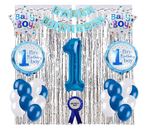 Blooms Event Boy First Birthday Decorations Items Combo Set of 52 Pcs for Baby Boy, 1st Birthday Decoration foil Balloons, Blue & White Balloons, Silver Curtains, Bday Boy Badge Blooms Event Boy First Birthday Decorations Items Combo Set of 52 Pcs for Baby Boy, 1st Birthday Decoration foil Balloons, Blue & White Balloons, Silver Curtains, Bday Boy Badge