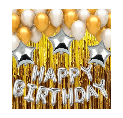     			Blooms Event golden silver Happy Birthday Decoration Combo Kit with Banner, Balloons, Foil Curtain 48pcs for Birthday Decoration