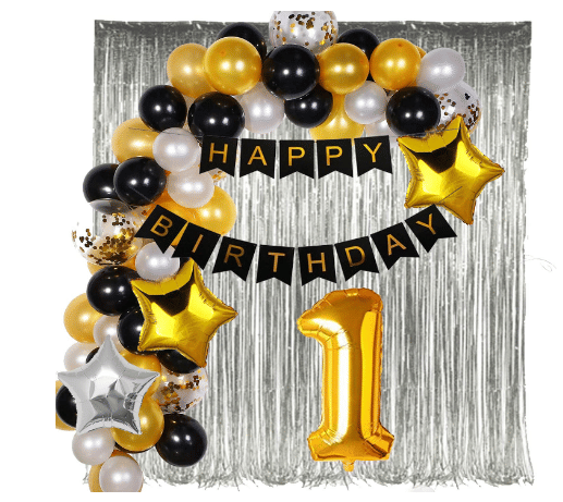 Blooms Event1 Year Decoration Kit 69 PCS Banner, Golden Confetti, Gold, Silver, Black Metalic, Star Foil Balloon Blooms Event1 Year Decoration Kit 69 PCS Banner, Golden Confetti, Gold, Silver, Black Metalic, Star Foil Balloon