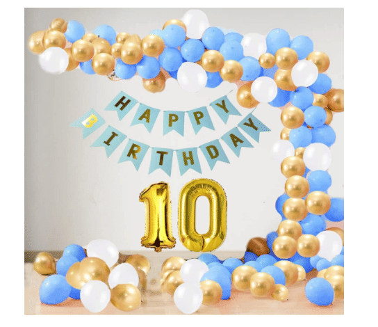     			Blooms Event10 Year Decoration kit For Boy and Girl Happy-Birthday 62 Pcs Combo Items 20 golden, 20 White 20 Blue balloons and 13 letter happy birthday banner and 10 letter golden foil balloon.