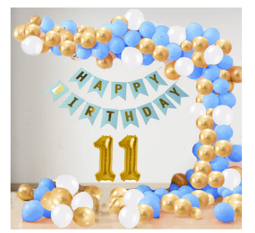     			Blooms Event11 Year Decoration kit For Boy and Girl Happy-Birthday 62 Pcs Combo Items 20 golden, 20 White 20 Blue balloons and 13 letter happy birthday banner and 11 letter golden foil balloon.
