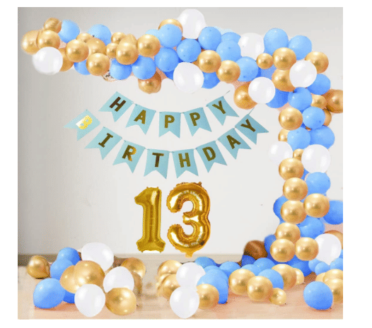 Blooms Event13 Year Decoration kit For Boy and Girl Happy-Birthday 62 Pcs Combo Items 20 golden, 20 White 20 Blue balloons and 13 letter happy birthday banner and 13 letter golden foil balloon. Blooms Event13 Year Decoration kit For Boy and Girl Happy-Birthday 62 Pcs Combo Items 20 golden, 20 White 20 Blue balloons and 13 letter happy birthday banner and 13 letter golden foil balloon.