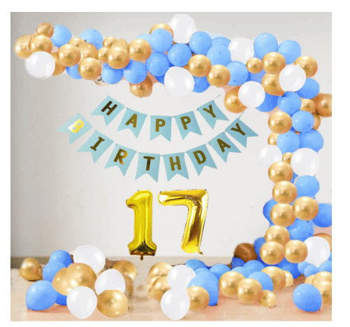 Blooms Event17 Year Decoration kit For Boy and Girl Happy-Birthday 62 Pcs Combo Items 20 golden, 20 White 20 Blue balloons and 13 letter happy birthday banner and 17 letter golden foil balloon. Blooms Event17 Year Decoration kit For Boy and Girl Happy-Birthday 62 Pcs Combo Items 20 golden, 20 White 20 Blue balloons and 13 letter happy birthday banner and 17 letter golden foil balloon.