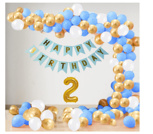 Blooms Event2 Year Decoration kit For Boy and Girl Happy-Birthday 62 Pcs Combo Items 20 golden, 20 White 20 Blue balloons and 13 letter happy birthday banner and 2 golden foil balloon. Blooms Event2 Year Decoration kit For Boy and Girl Happy-Birthday 62 Pcs Combo Items 20 golden, 20 White 20 Blue balloons and 13 letter happy birthday banner and 2 golden foil balloon.