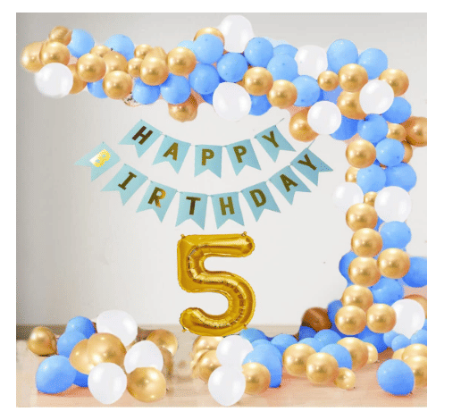     			Blooms Event5 Year Decoration kit For Boy and Girl Happy-Birthday 62 Pcs Combo Items 20 golden, 20 White 20 Blue balloons and 13 letter happy birthday banner and 5 letter golden foil balloon.