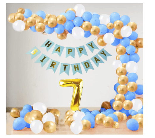 Blooms Event7 Year Decoration kit For Boy and Girl Happy-Birthday 62 Pcs Combo Items 20 golden, 20 White 20 Blue balloons and 13 letter happy birthday banner and 7 letter golden foil balloon. Blooms Event7 Year Decoration kit For Boy and Girl Happy-Birthday 62 Pcs Combo Items 20 golden, 20 White 20 Blue balloons and 13 letter happy birthday banner and 7 letter golden foil balloon.