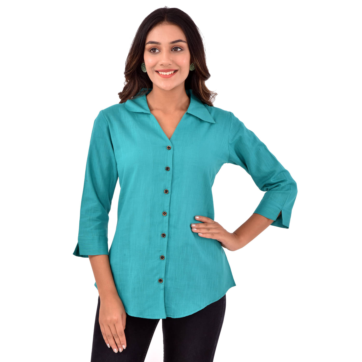 QuaClo Women Solid Cotton Shirt ( Turquoise )     			QuaClo Women Solid Cotton Shirt ( Turquoise )