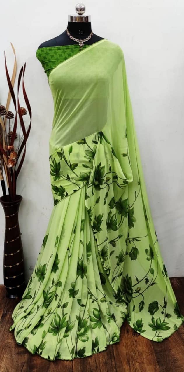 Sitanjalli Georgette Printed Saree With Unstitched Blouse Piece ( Green ) - Sarees | Buy online on ZillyBuy