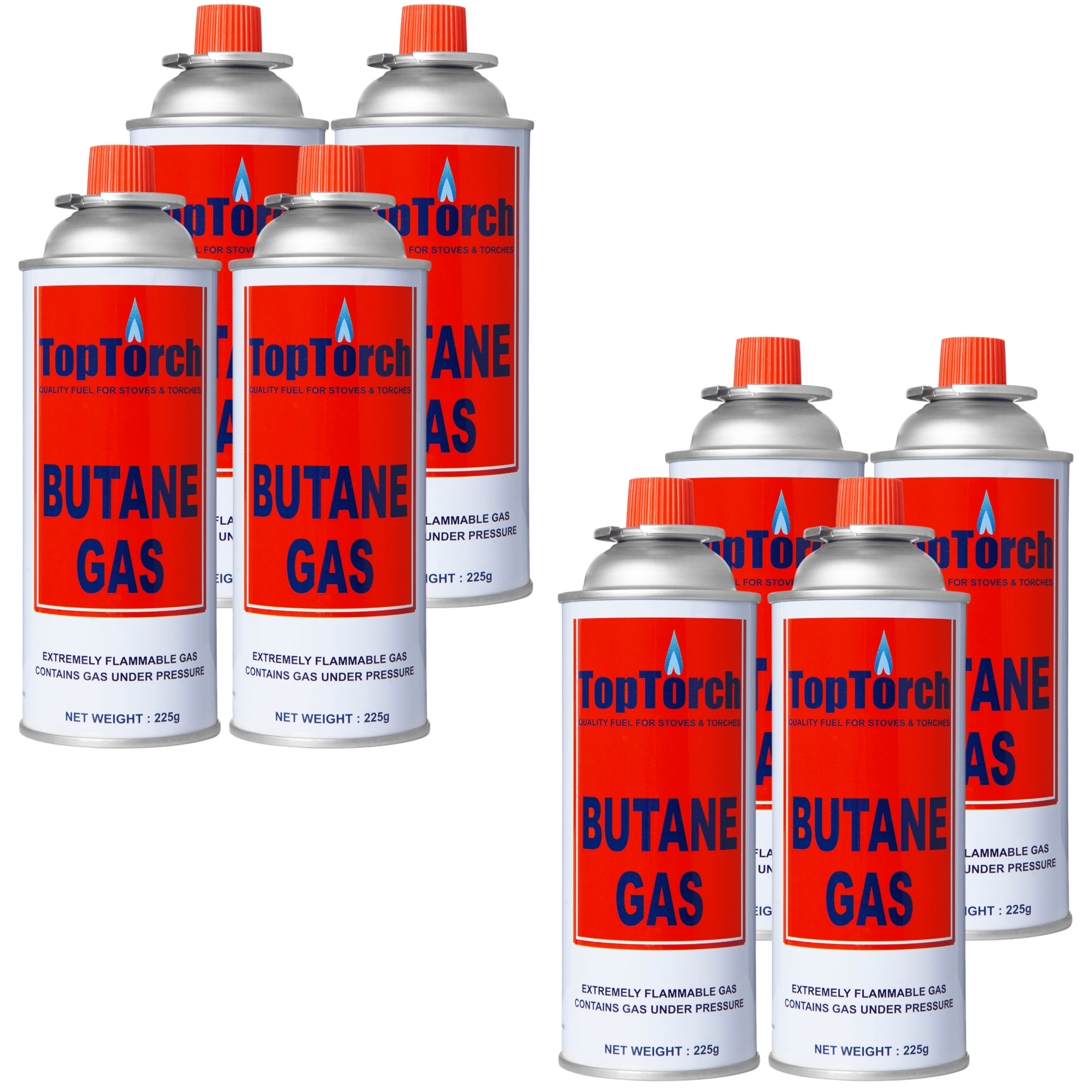 Top Torch Portable High Pressure liquefied Gas Canister 225g Can Easy to use Perfect Suitable to Refill lighters. Small Stove,Torch, Welding Fuel Gas (Pack-8) Top Torch Portable High Pressure liquefied Gas Canister 225g Can Easy to use Perfect Suitable to Refill lighters. Small Stove,Torch, Welding Fuel Gas (Pack-8)