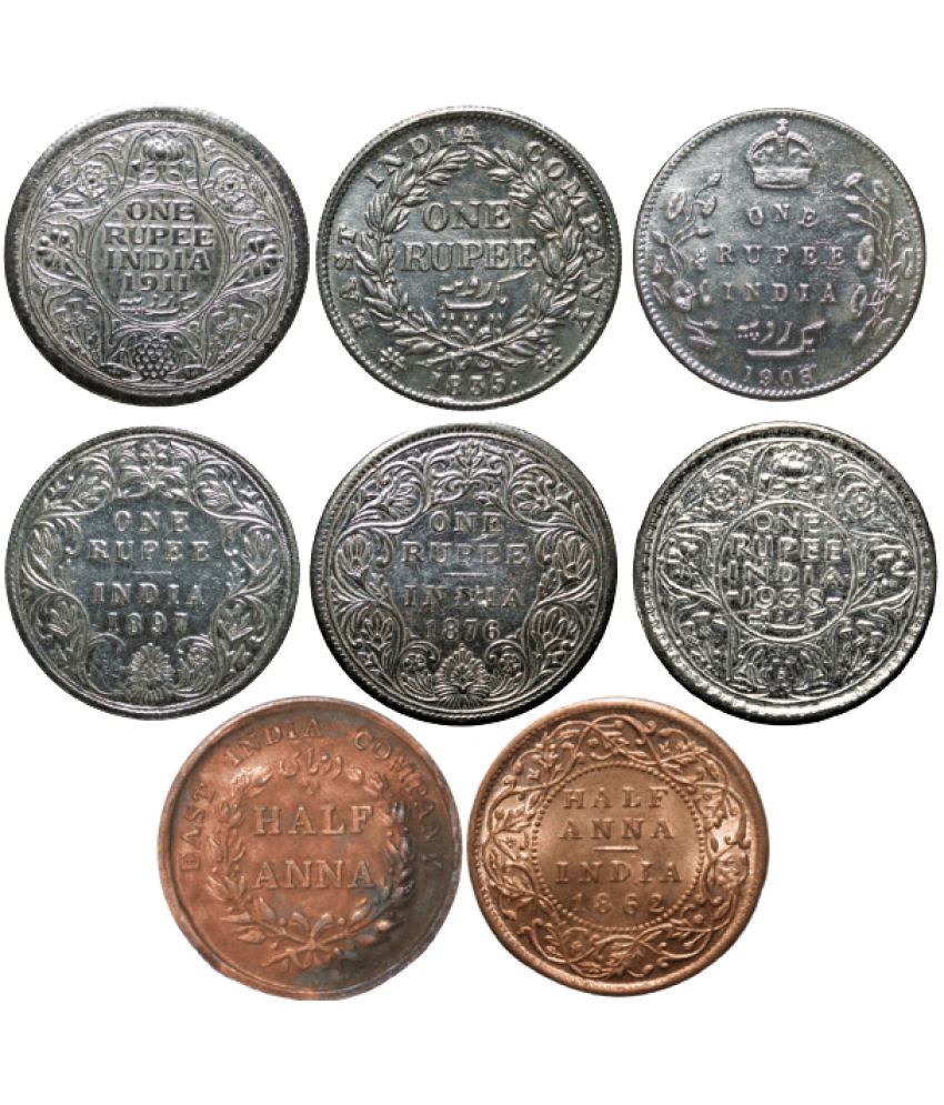     			(Collectable 8 Rare Coins Pack) British India Fancy Silverplated & Cooper Coins Combo Pack
