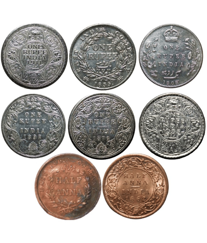     			(Collectable 8 Rare Coins Pack) British India Fancy Silverplated & Cooper Coins Combo Pack