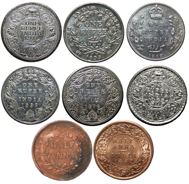     			(Collectable 8 Rare Coins Pack) British India Fancy Silverplated & Cooper Coins Combo Pack