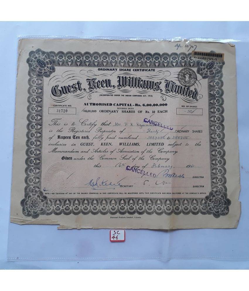     			GUEST , KEEN , WILLIAMS , LIMITED - 1966-BRITISH INDIA PERIOD - SHARE CERTIFICATE