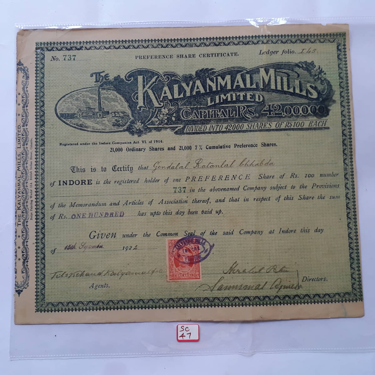     			THE KALYANMAL MILLS LIMITED - 1922 - HOLKAR STATE REVENUE STAMP-BRITISH INDIA PERIOD - SHARE CERTIFICATE