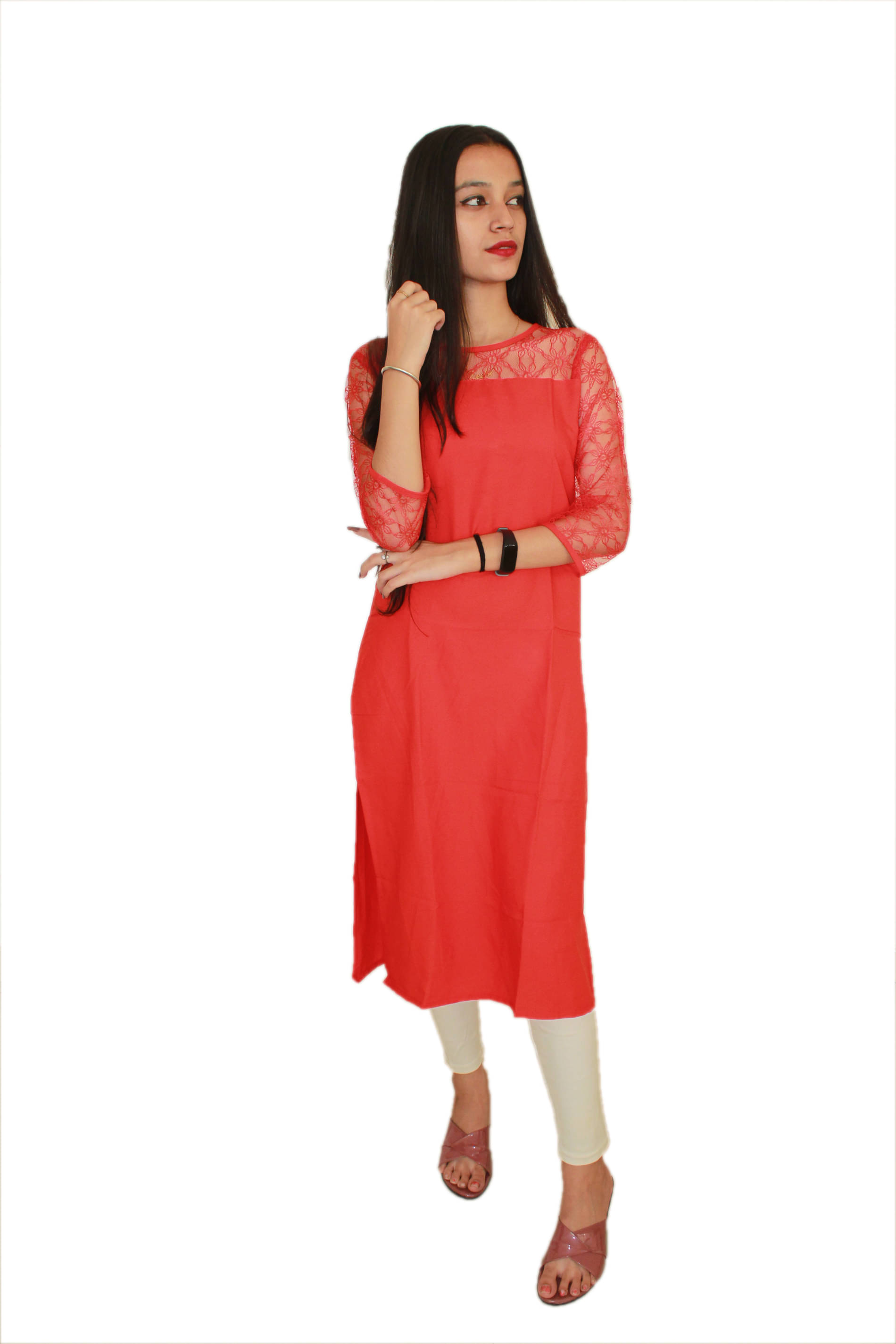     			BHAGYASHRAY Red Crepe Straight Kurti - Single