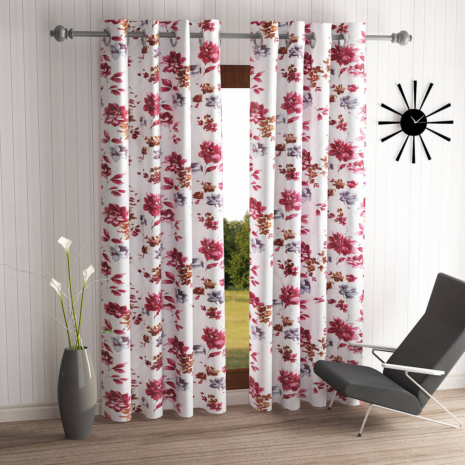 Home Sizzler Set of 2 Window Semi-Transparent Eyelet Polyester Maroon Curtains ( 274 x 116 cm )