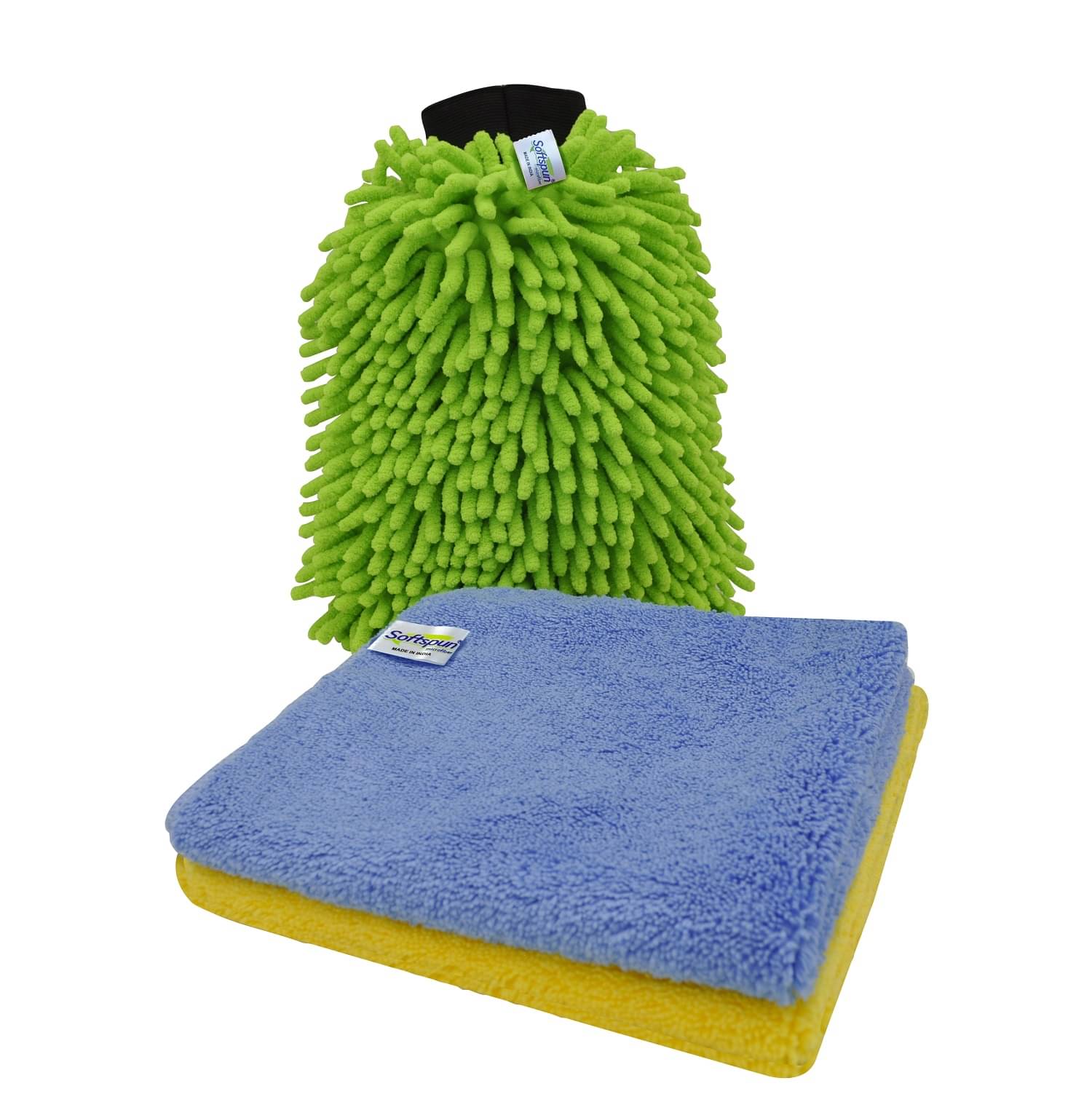     			SOFTSPUN SOFTSPUN Microfiber Chenille & Single-Side Gloves 1700 GSM with Towel 380 GSM, 3 Piece Combo Multicolour, 20X30 Multi-Purpose Super Absorbent and Perfect Wash Clean with Lint-Scratch Free Car, Dusting! Glove