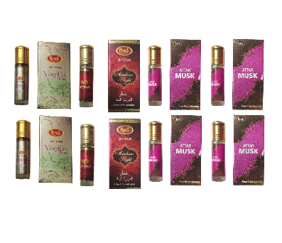     			MONET 2 VANILA ROSE ATTAR 2 ATTAR ARABIAN  NIGHT , 4 ATTAR MUSK  8 ML EACH PACK OF 8