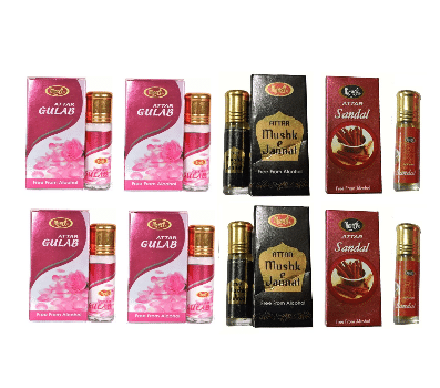     			MONET 4 ATTAR GULAB 2 ATTAR MUSHK E JANNAT ATTAR , 2 SUNDAL ATTAR ,8 ML EACH, PACK OF 8 .