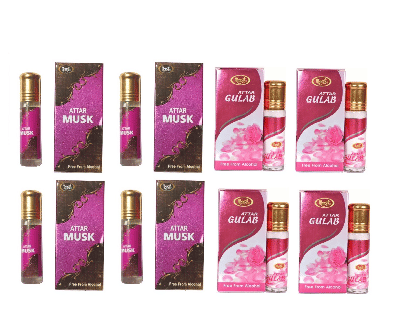     			MONET 4 ATTAR MUSK 4 ATTAR GULAB ,8 ML  EACH, PACK OF 8 .