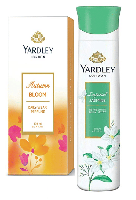     			YARDLEY LONDON 1 AUTUMAN BLOOM DAILY WEAR PERFUME  100 ML , 1 IMPERIAL JASMINE REFPESHING BODY SPRAY PERFUME 150 ML,PACK OF 2 .