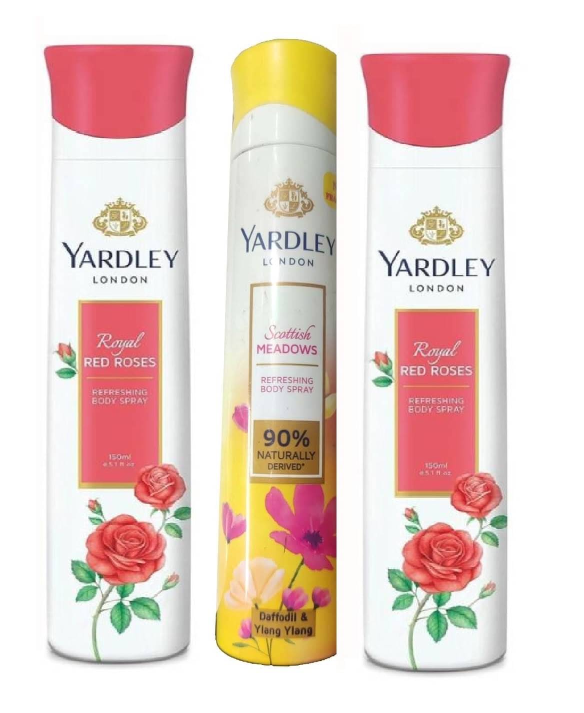     			YARDLEY LONDON 1 SCOTTISH MEADOWS  & 2 ROYAL RED ROSE   150 ML EACH ,PACK OF 3 .