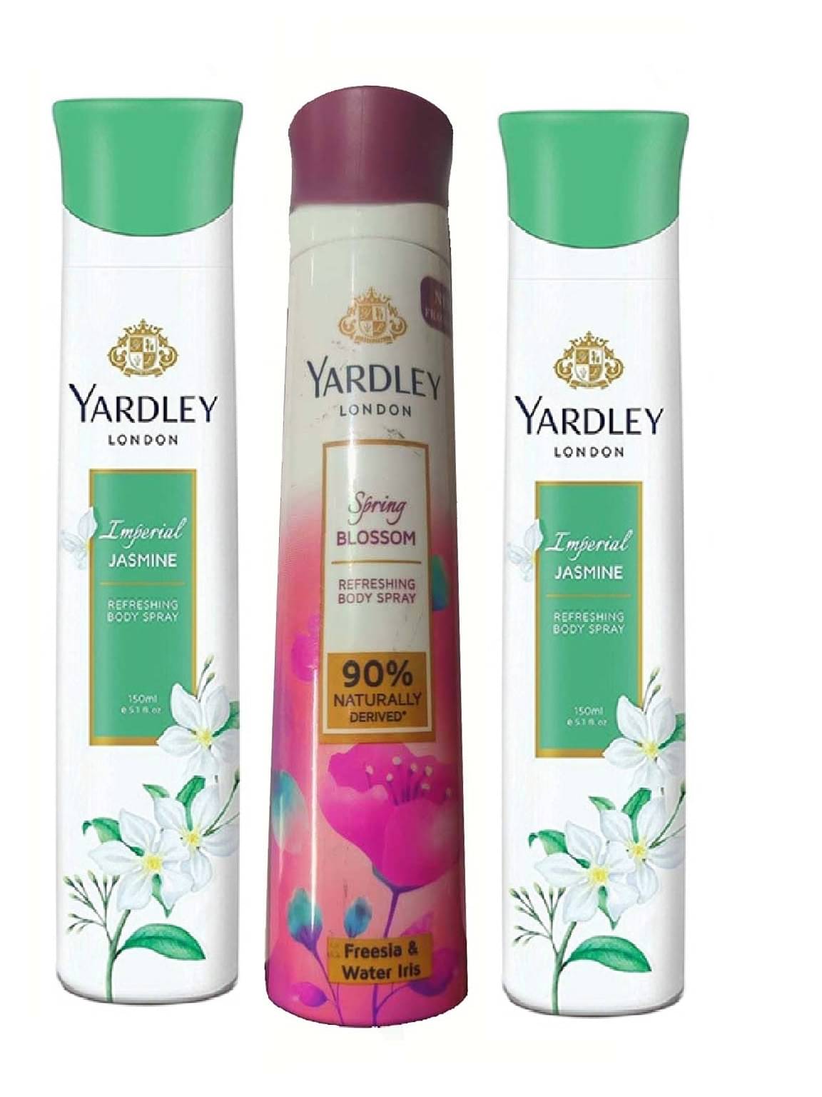     			YARDLEY LONDON 2 IMPERIAL JASMINE , 1 SPRING BLOSSOM 150 ML EACH PACK OF 3 .