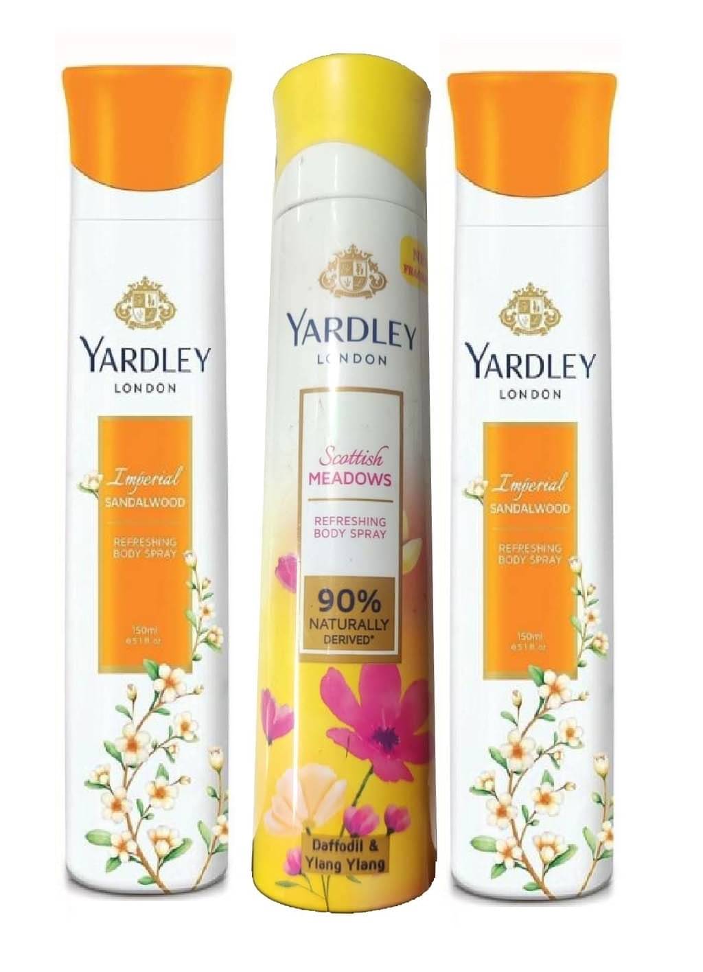     			YARDLEY LONDON 2 IMPERIAL SANDALWOOD , 1 SCOTTISH  MEADOWS BODY SPRAY 150 ML EACH PACK OF 3 .