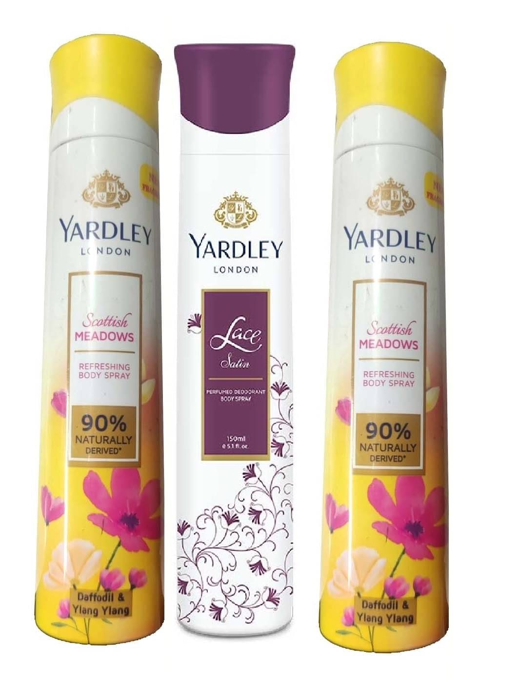     			YARDLEY LONDON 2  SCOTTISH BLOSSOM & 1 LACE  BODY SPRAY 150 ML EACH ,PACK OF 3 .