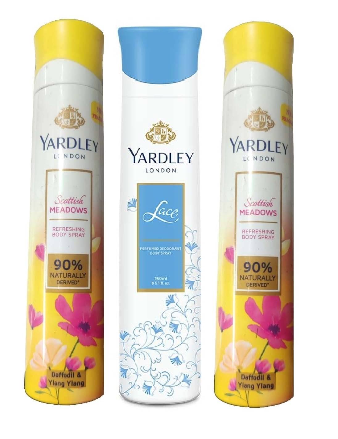     			YARDLEY LONDON 2 SCOTTISH MEADOWS , 1 LACE BODY SPRAY 150 ML EACH PACK OF