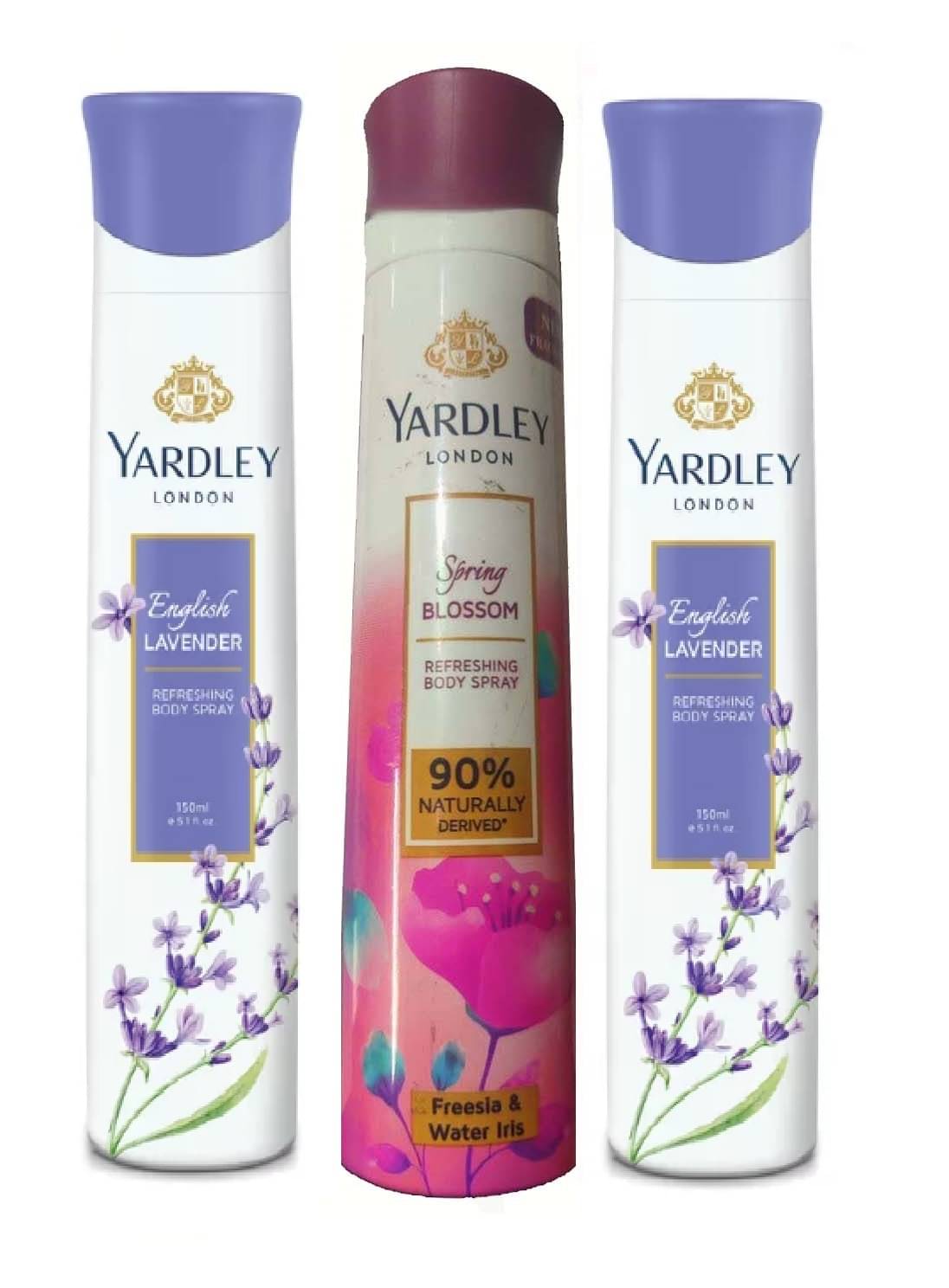     			yardley london2 ENGLISH LAVENDER , 1 SPRING BLOSSOM 150 ML EACH PACK OF 3 .