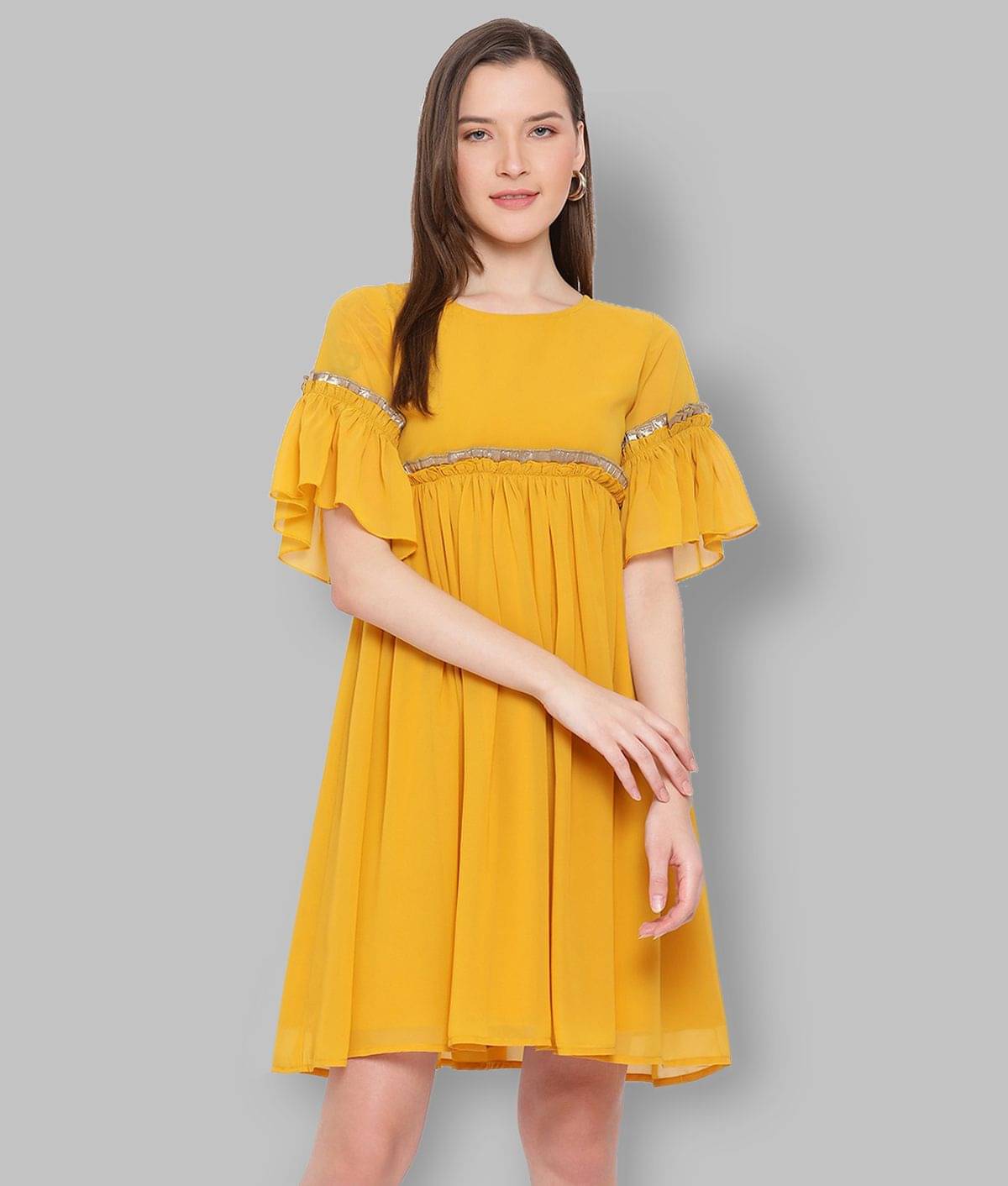     			ALL WAYS YOU Women Polyester Solid Fit & Flare Dress ( Yellow )