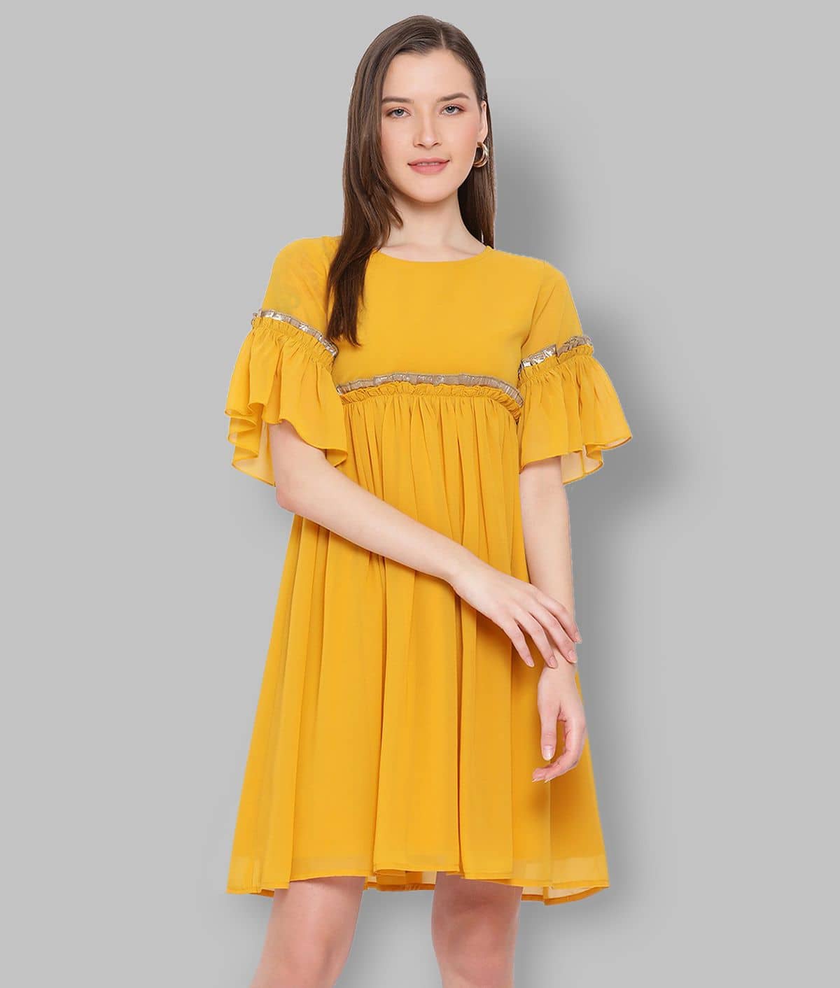 ALL WAYS YOU Women Polyester Solid Fit & Flare Dress ( Yellow )