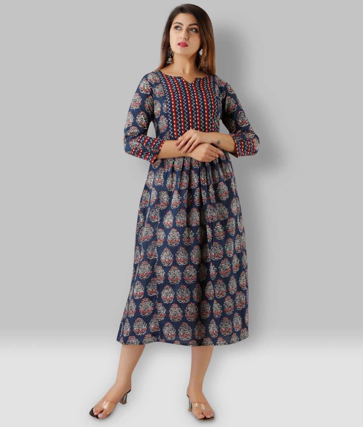 SVARCHI Women Cotton Fit & Flare Dress ( Blue )