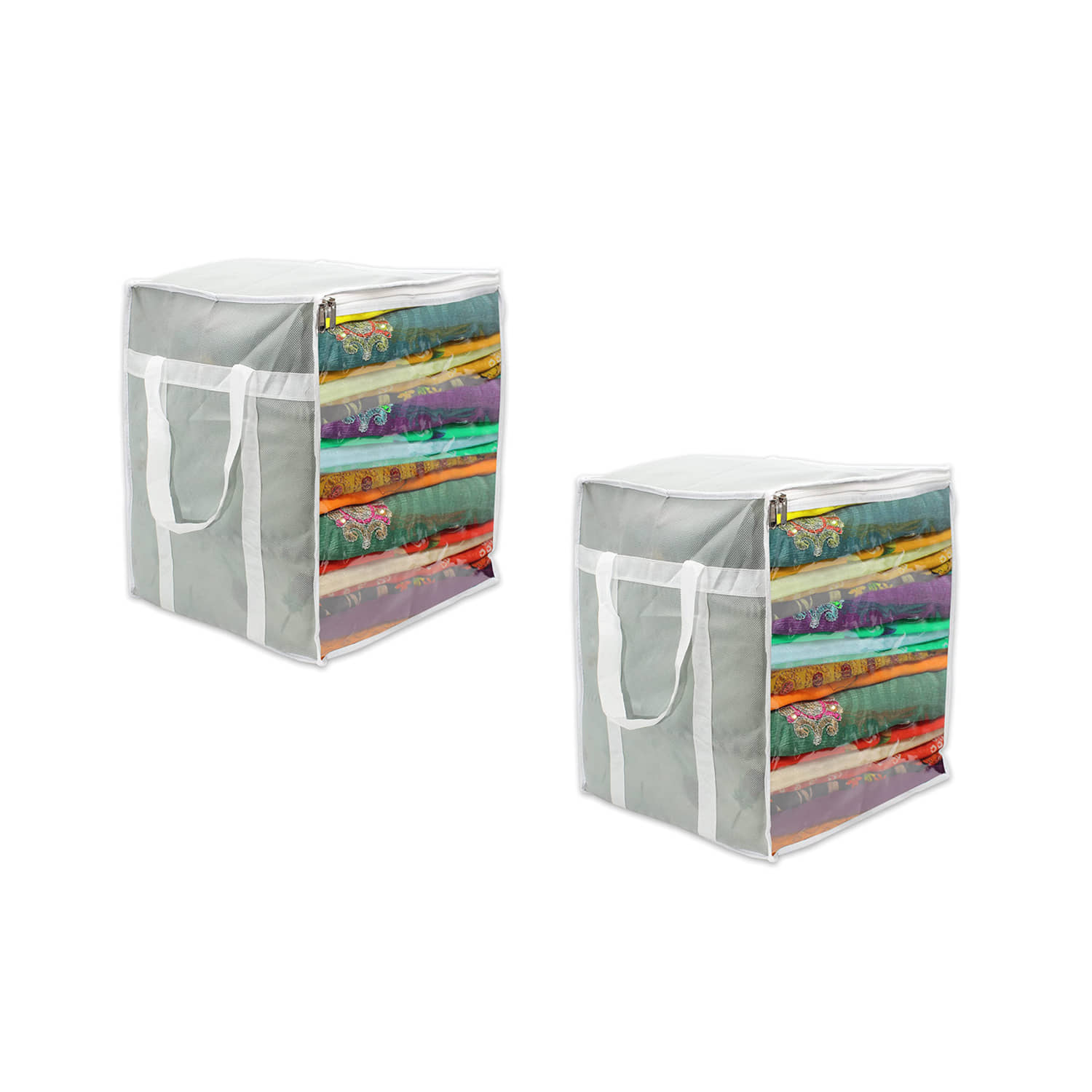 Sh Nasima L Saree Cover / sari organizer with handles and transparent front ( 15*12*15 In),(Pack of 2)
