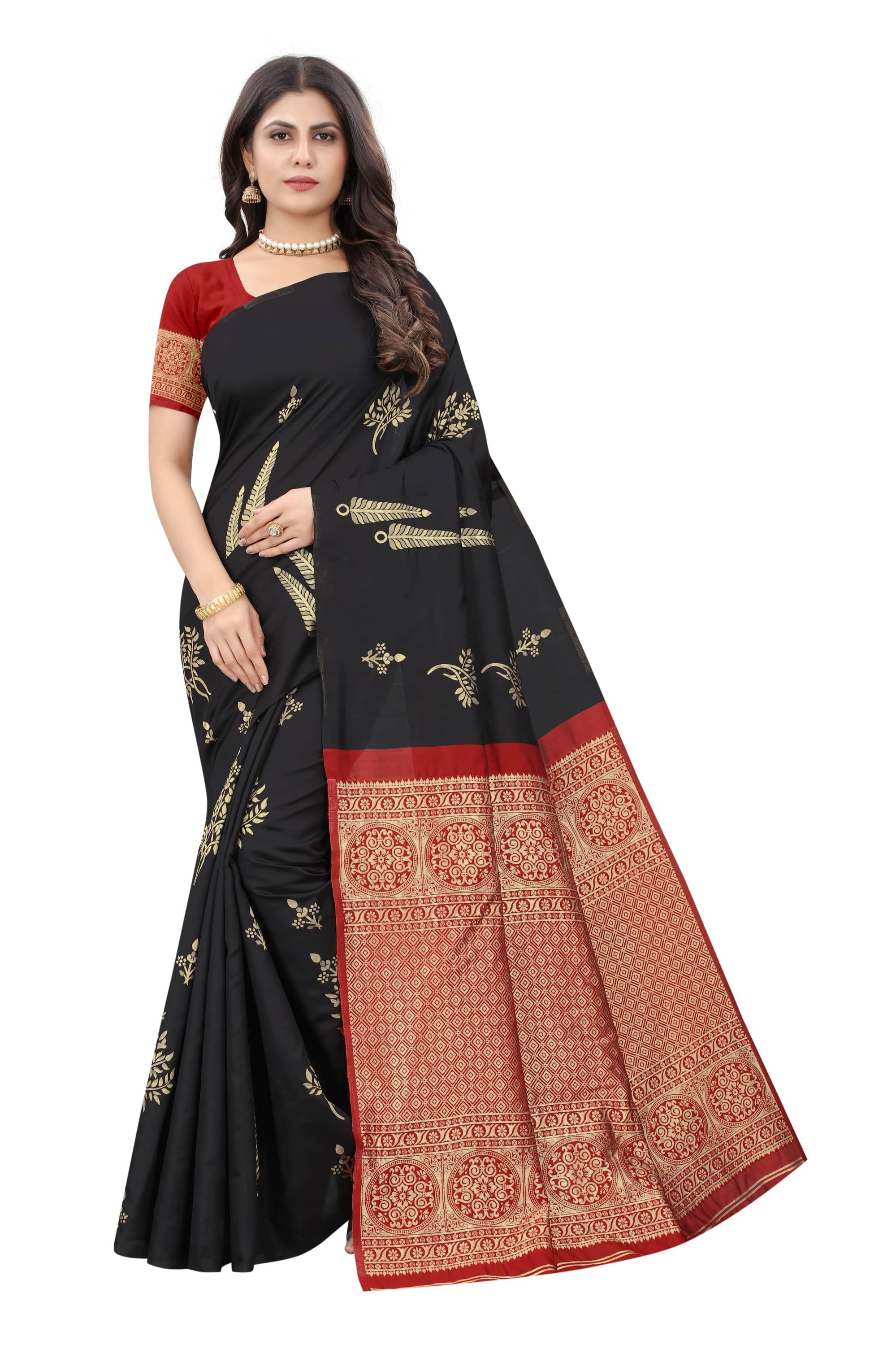 NENCY FASHION Banarasi Silk Self Design Saree With Unstitched Blouse Piece ( Black ) - Sarees | Buy online on ZillyBuy