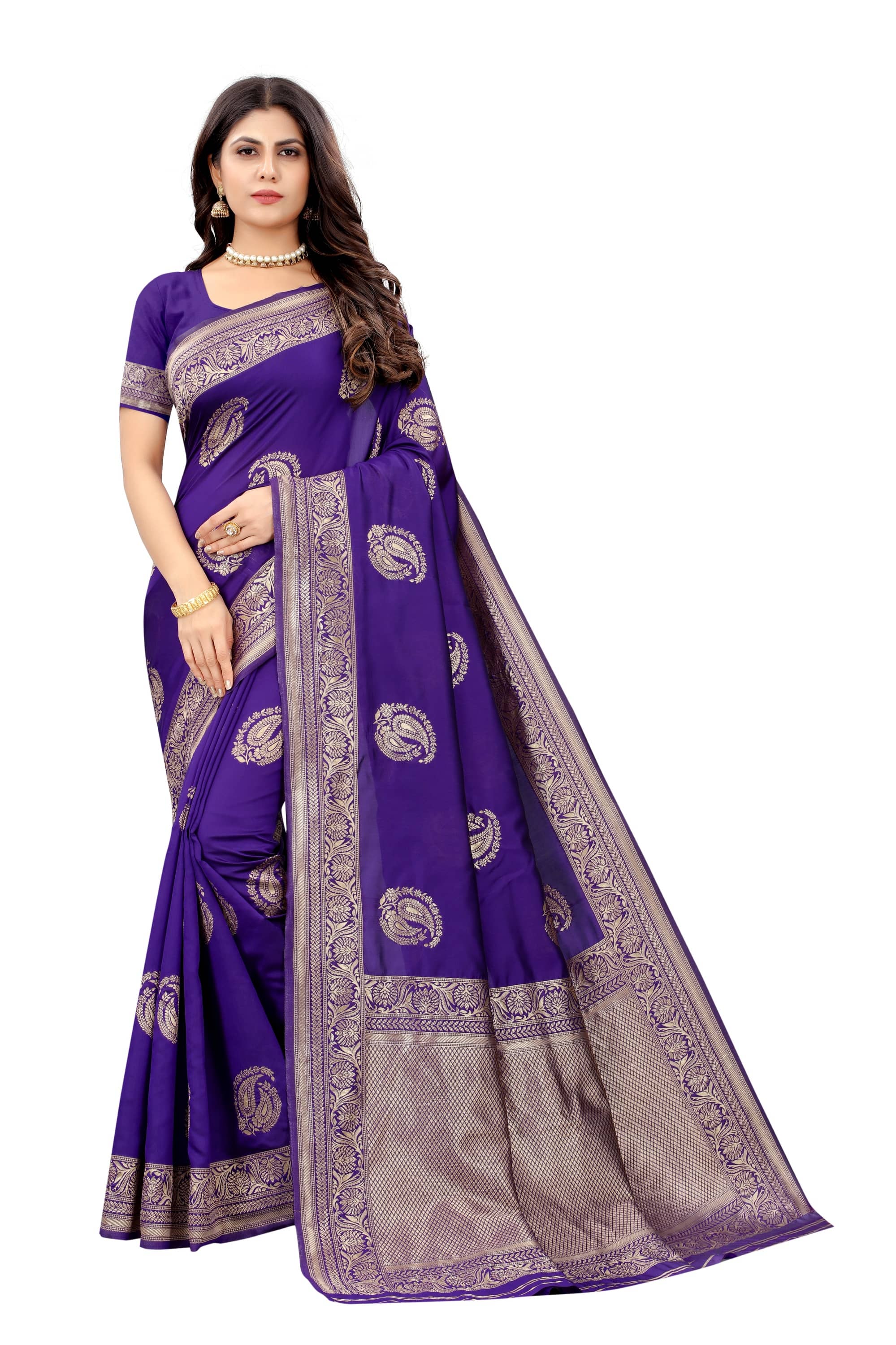 NENCY FASHION Banarasi Silk Embellished Saree With Unstitched Blouse Piece ( Purple ) - Sarees | Buy online on ZillyBuy