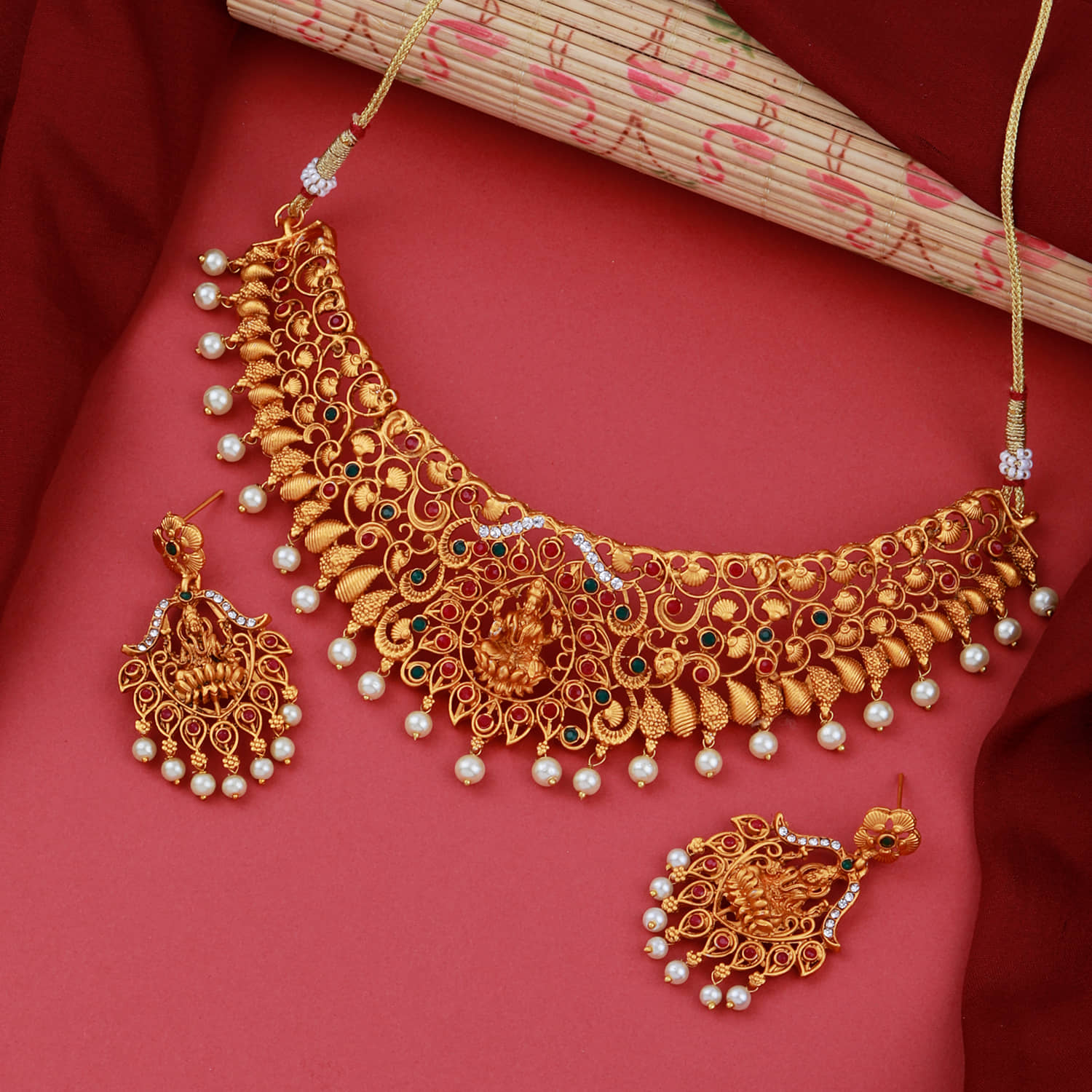 ShreejiHuf Alloy Golden Traditional Necklaces Set Choker