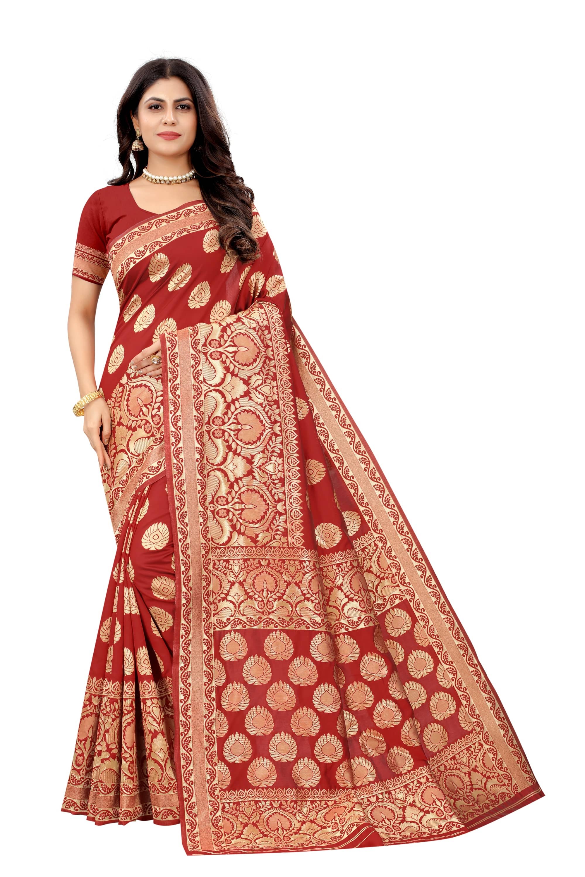 NENCY FASHION Banarasi Silk Self Design Saree With Unstitched Blouse Piece ( Red ) - Sarees | Buy online on ZillyBuy