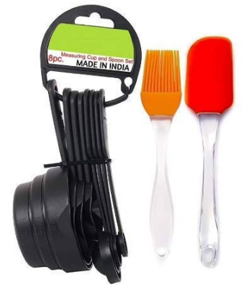     			Blooms Mall 8 Pcs Black Measuring Cups and Spoons Set, Silicone  Spatula and Brush Set