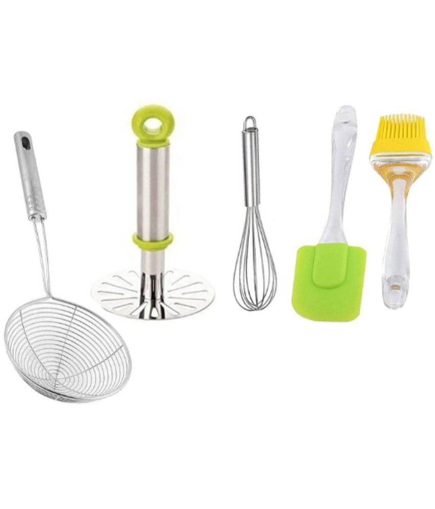 Blooms Mall Stainless Steel Deep Fry Strainer, Egg Beater, Patato Masher and Silicone Spatula(Pack of 1)& Brush Blooms Mall Stainless Steel Deep Fry Strainer, Egg Beater, Patato Masher and Silicone Spatula(Pack of 1)& Brush