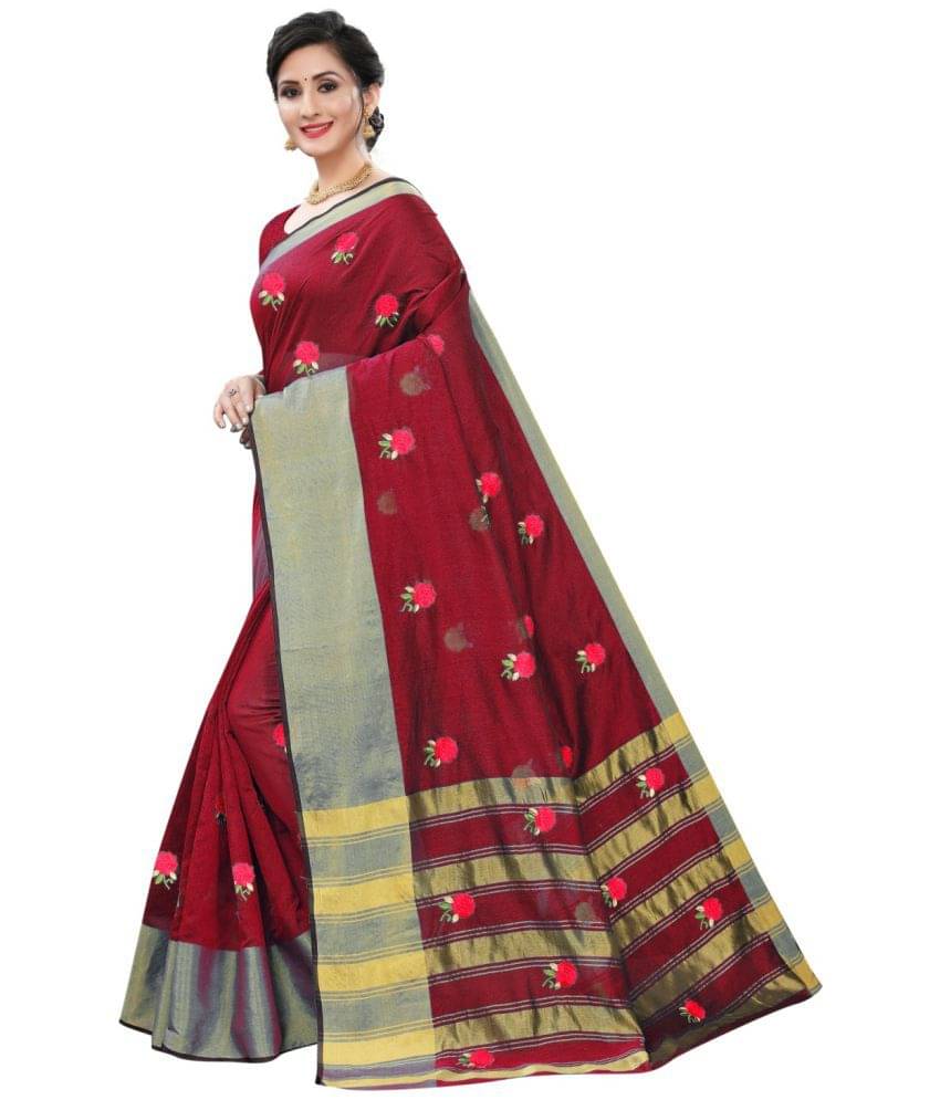 Bhuwal Fashion Cotton Silk Embroidered Saree With Unstitched Blouse Piece ( Red ) Bhuwal Fashion Cotton Silk Embroidered Saree With Unstitched Blouse Piece ( Red )