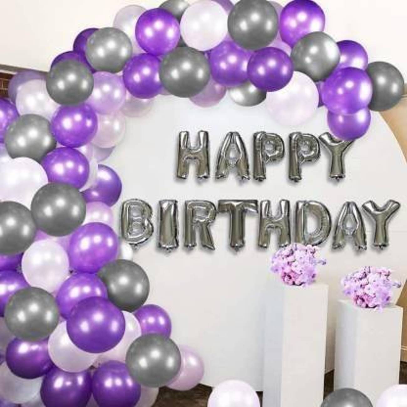     			KR Solid Solid Happy Birthday Balloons Decoration Kit 62 Pcs Set Combo Balloon Bouquet of  Silver Letter Balloon and Purple, Silver, White (Pack of 60) and 1 Arch
