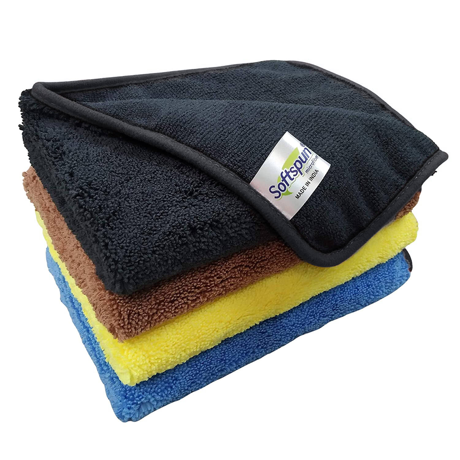 SOFTSPUN Microfiber High Loop, Silk Banded Edge, Cloth 40x40 Cms, 4 Piece Towel Set, 380 GSM (Multi-Color) Thick Lint & Streak-Free Multipurpose Cloths.